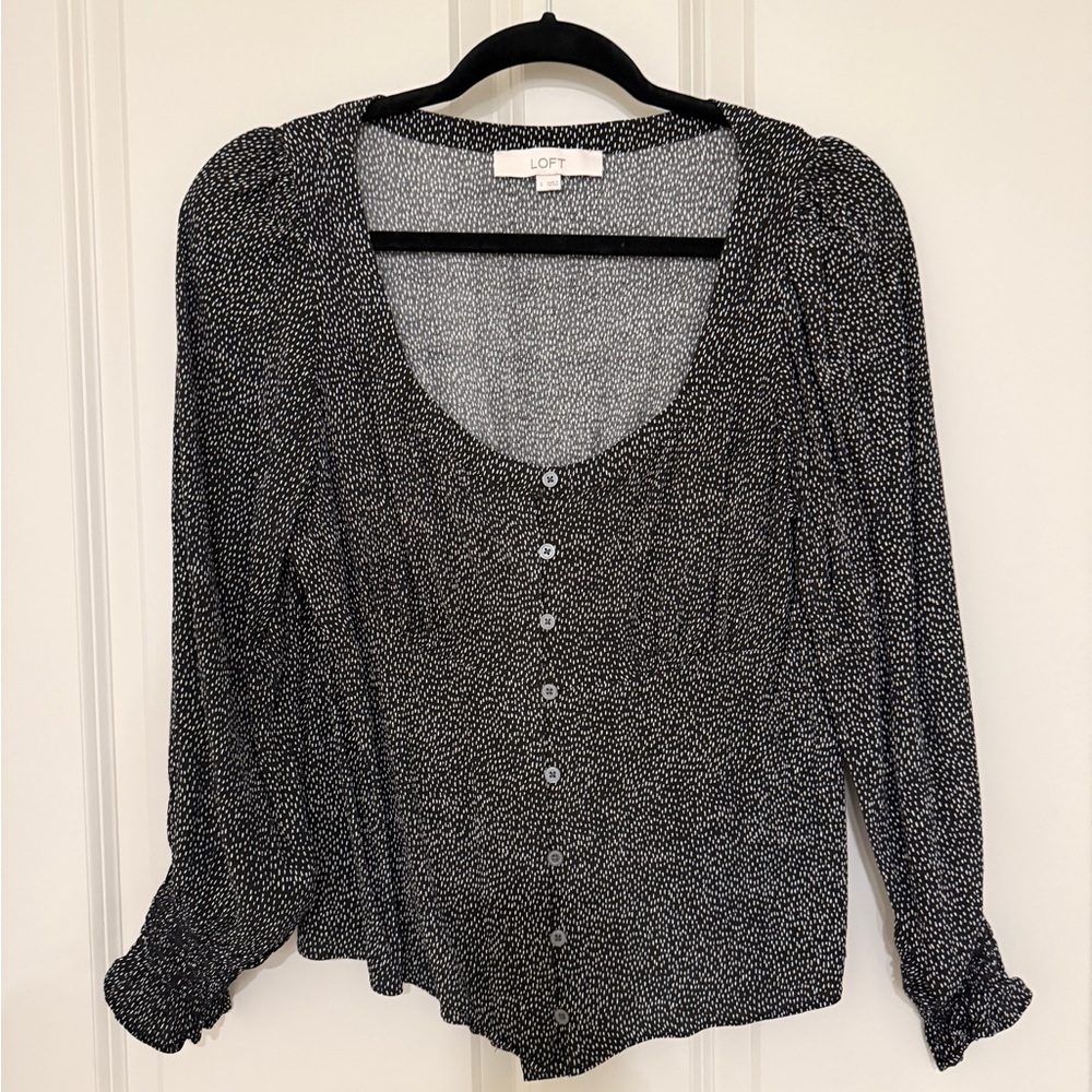 LOFT Black and White Speckled Button-Front Long Sleeve Blouse
